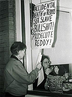 Diana with a boycott sign at Pasand Restaurant